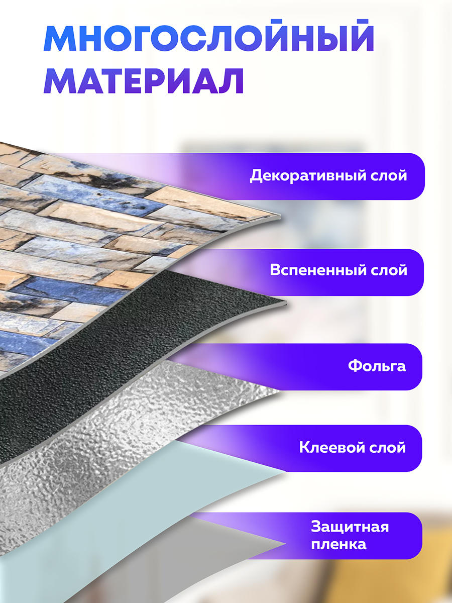 Обои самоклеящиеся синий кирпич 50х280 см, толщина 2 мм